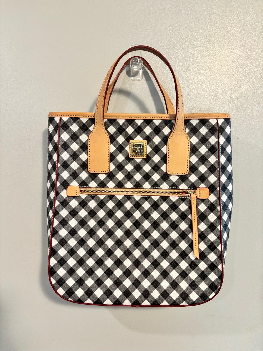 Dooney & Bourke Black and White Gingham Tote with Tan Trim